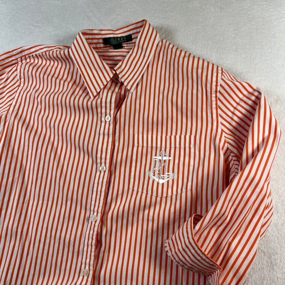 Lauren Ralph Lauren Orange White Striped Anchor Logo Button Down Shirt Womens L